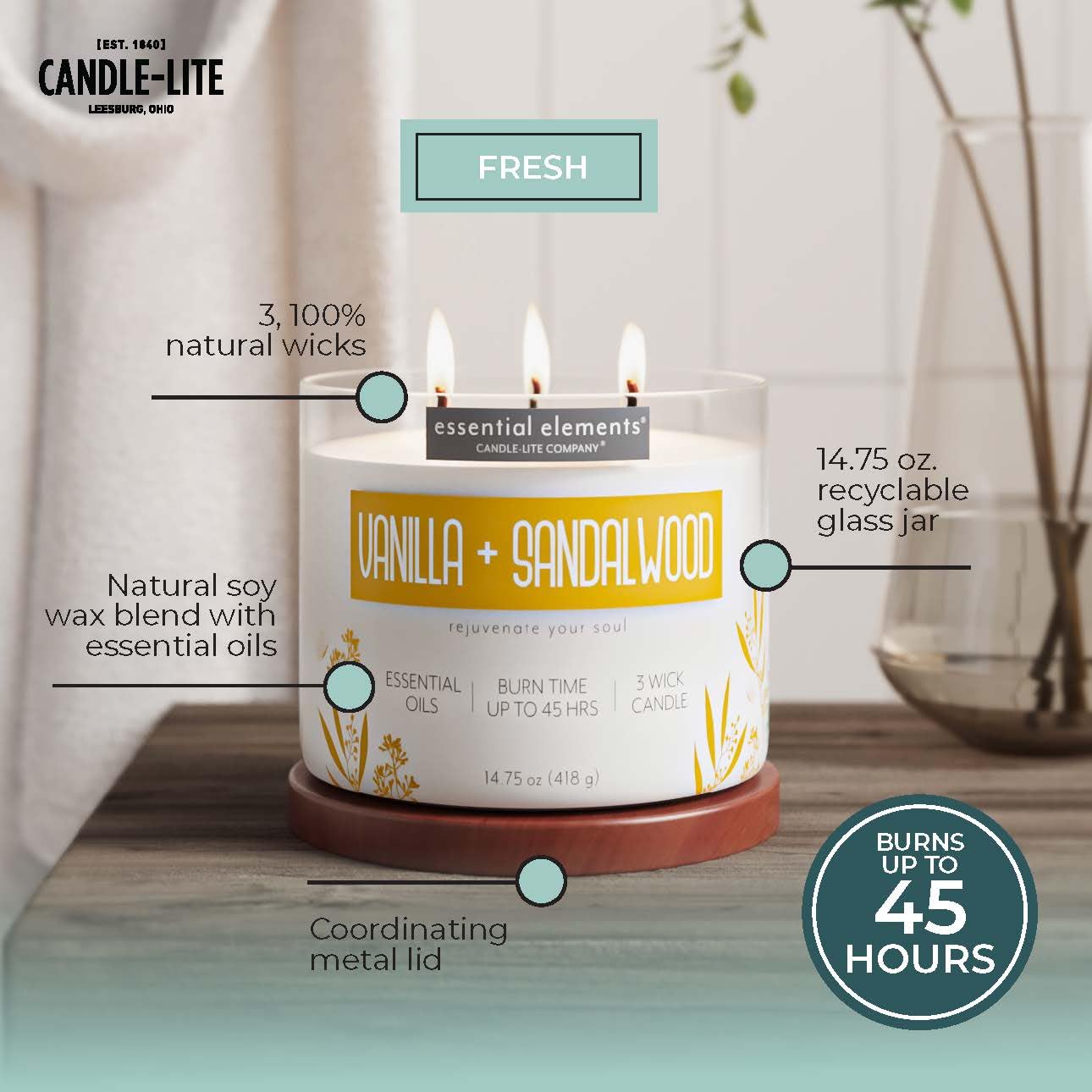 Essential Elements by Candle-lite Scented Candles, Vanilla & Sandalwood Fragrance, One 14.75 oz. Three-Wick Aromatherapy Candle